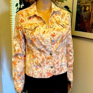 Jacket short flowers orange print chest and side pockets Sz PS